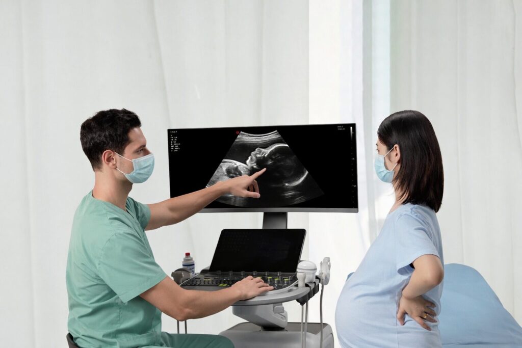 Male Doctor reviewing fetal ultrasound scan with pregnant patient using Wisonic Lotus OBGYN ultrasound system