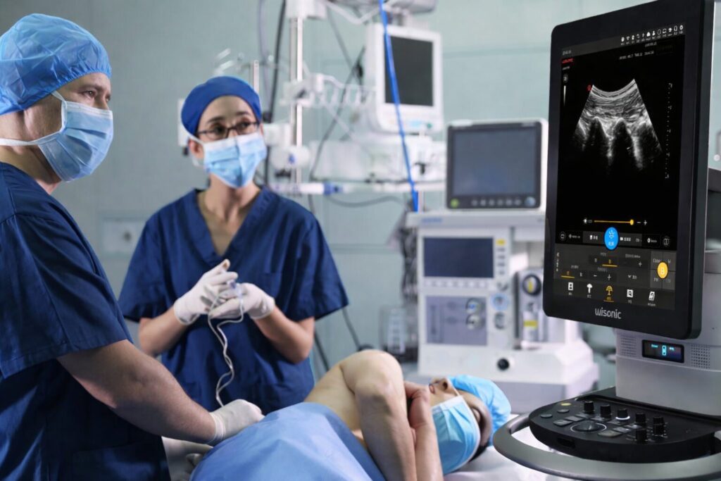Medical team performing a procedure with the Labat ultrasound system in use, showing an ultrasound image with nerve recognition and on-screen controls.