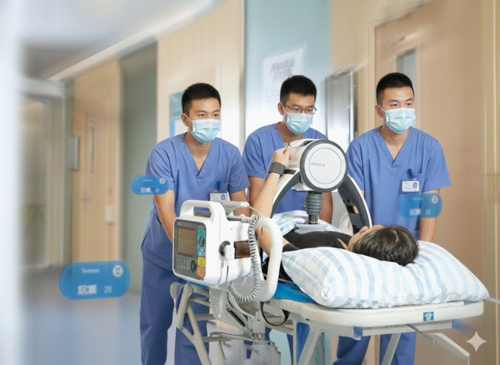 doctors analysing patient with Amoul i2/i6 Defibrillator