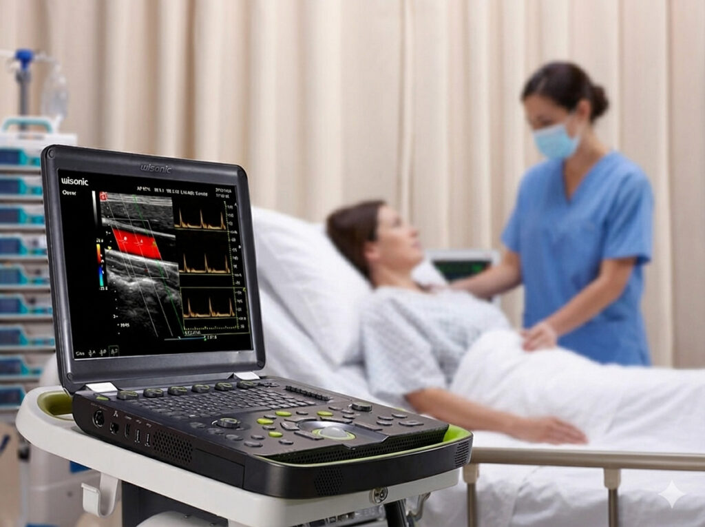 Wisonic Clover Portable Ultrasound machine with a doctor and patient in the background