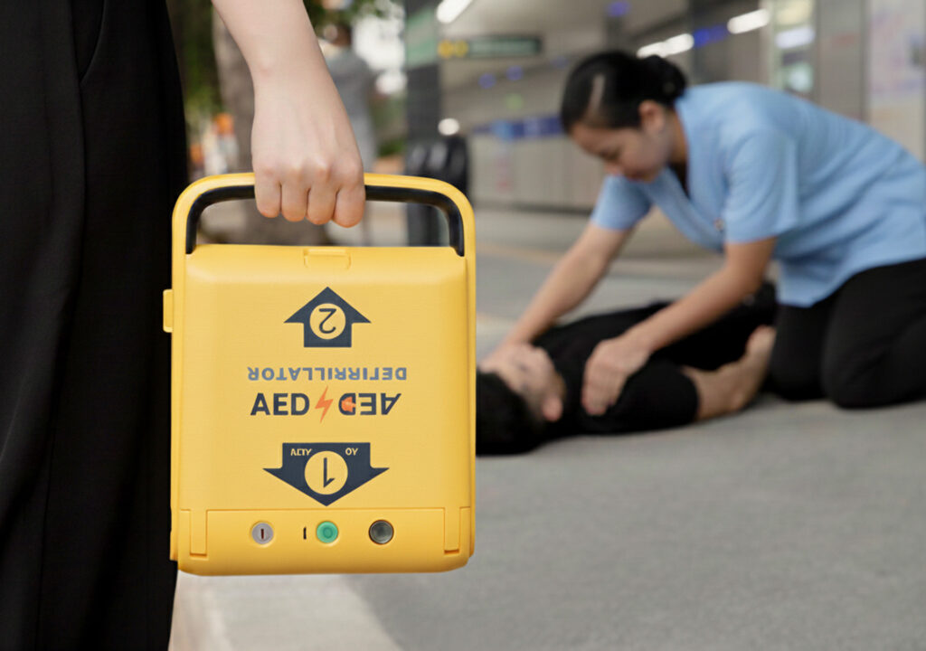 Person holding the Amoul Semi-Automatic External Defibrillator while a healthcare professional assists a patient lying down, providing emergency care