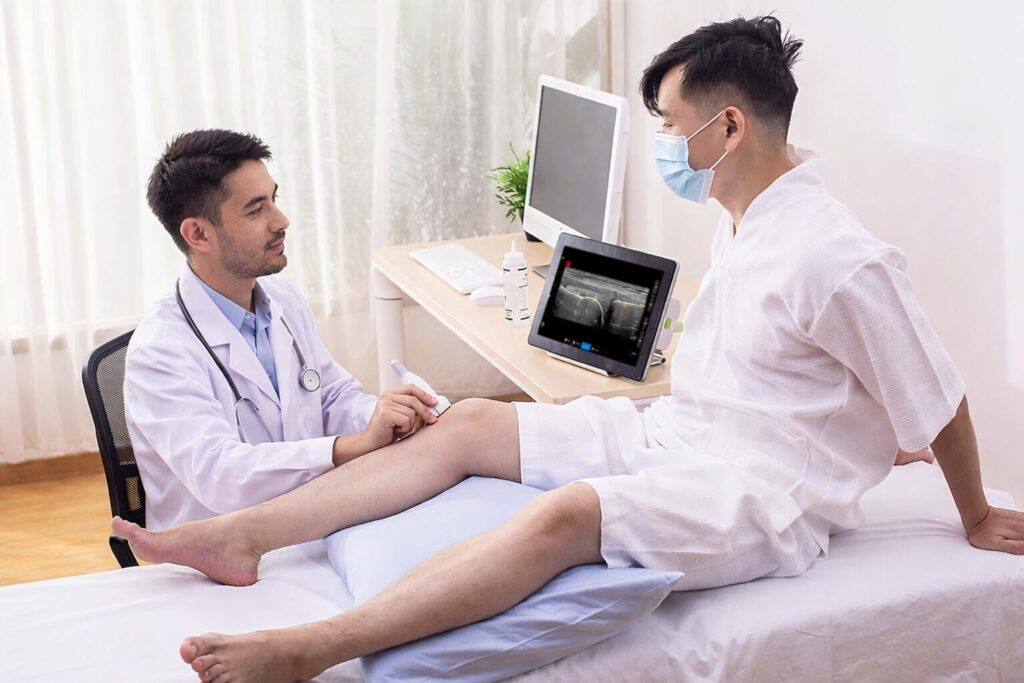 Doctor performing an examination of a patient's leg using the Wisonic Piloter Ultrasound System
