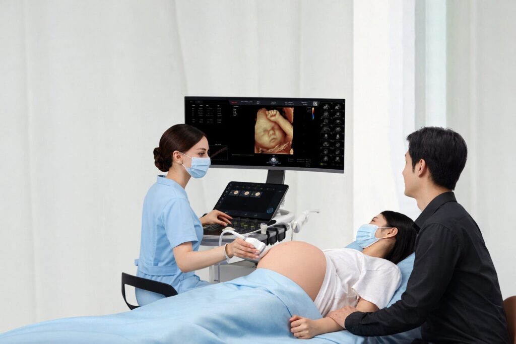 Female doctor performing ultrasound on pregnant woman with her husband beside her using Wisonic Lotus OBGYN ultrasound machine