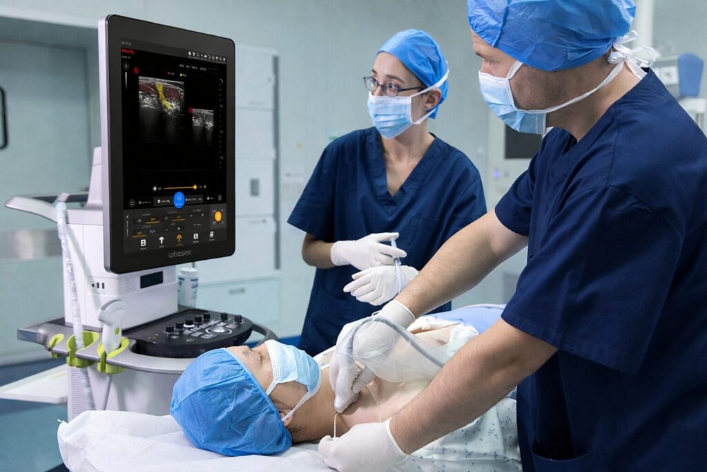 Medical professionals using the Labat ultrasound system during a procedure, with the device showing a nerve scan image for guidance.