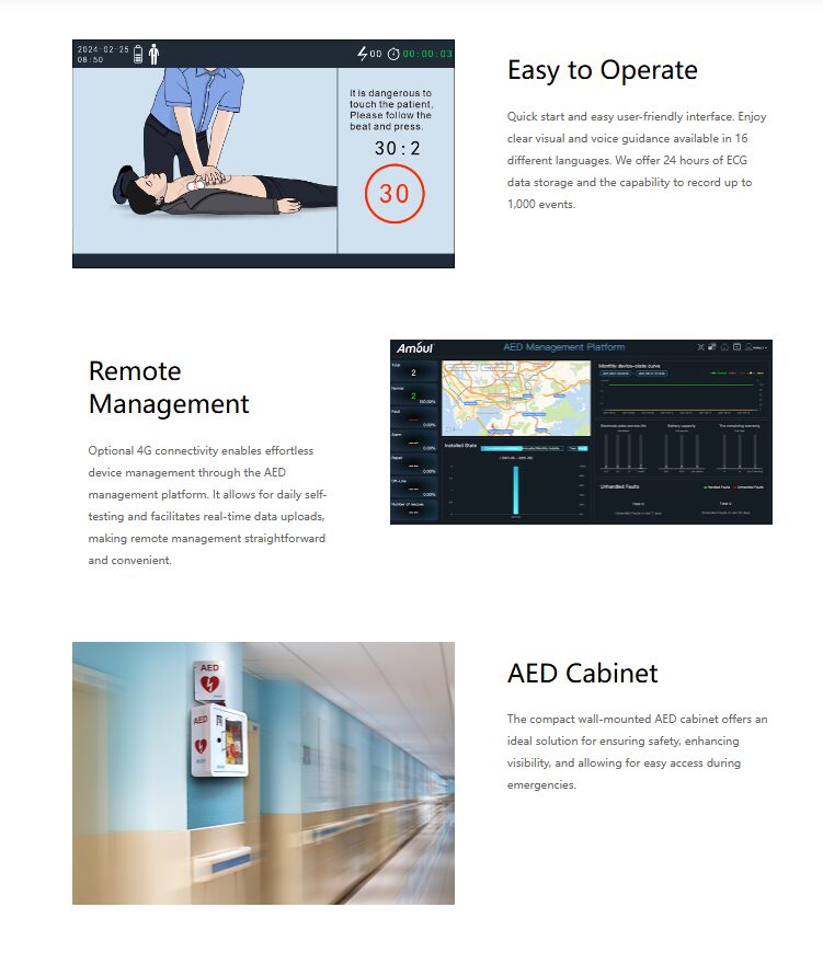 Illustrated overview of Amoul i5 AED features including easy-to-operate CPR visual prompts, remote 4G management dashboard, and wall-mounted AED cabinet for quick access in emergencies.