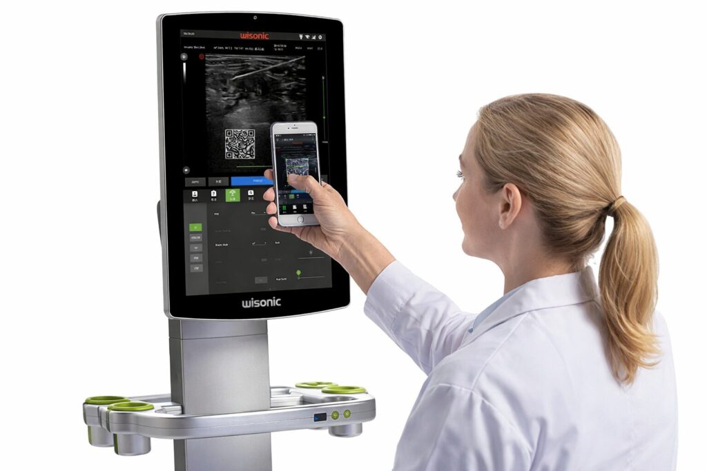 A medical professional interacting with the Navi ultrasound system, scanning a QR code on the screen with a smartphone for device integration or information retrieval