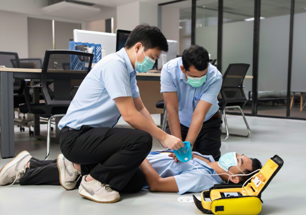 two person Operating the Amoul Semi-Automatic External Defibrillator on a patient lying down, with the defibrillator pads placed on the patient's body for emergency defibrillation.