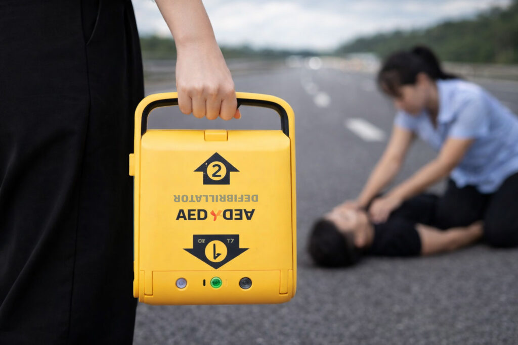 Close-up of a person holding the Amoul i5 AED device during a roadside emergency, with another responder aiding a patient in the background.
