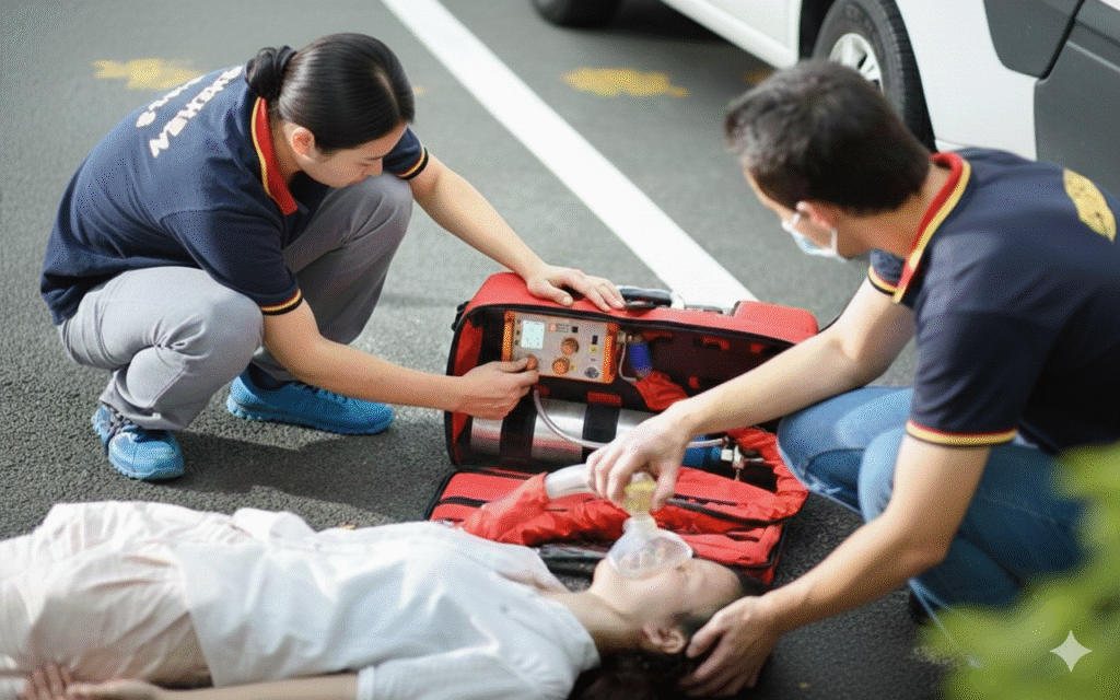 Healthcare professionals using the Amoul i2/i6 Defibrillator in a public place to assist a patient in need of emergency care.
