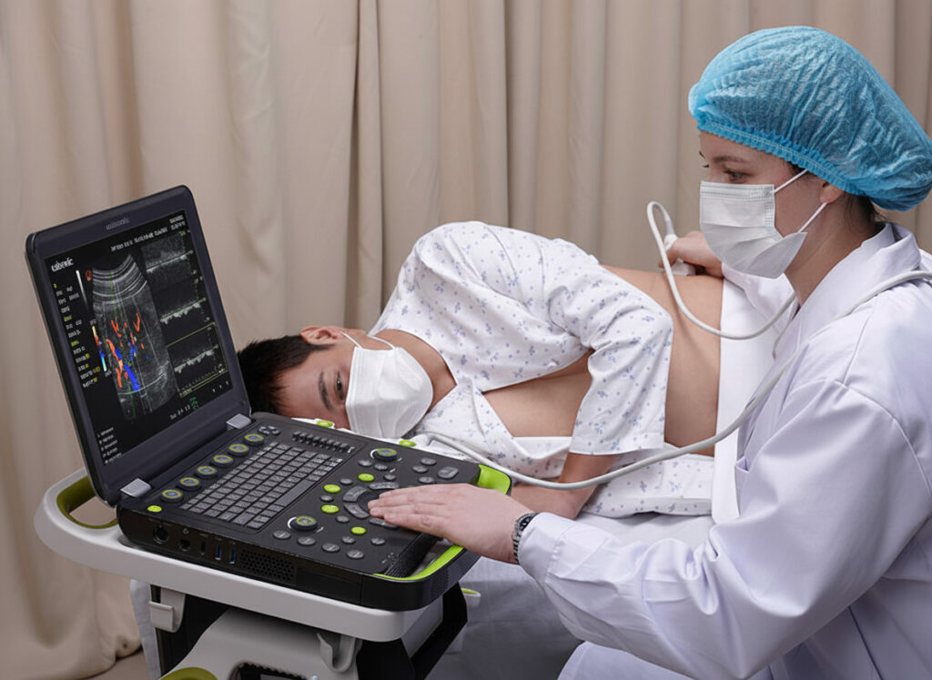 doctor analysing patient health in Wisonic Clover Portable Ultrasound machine
