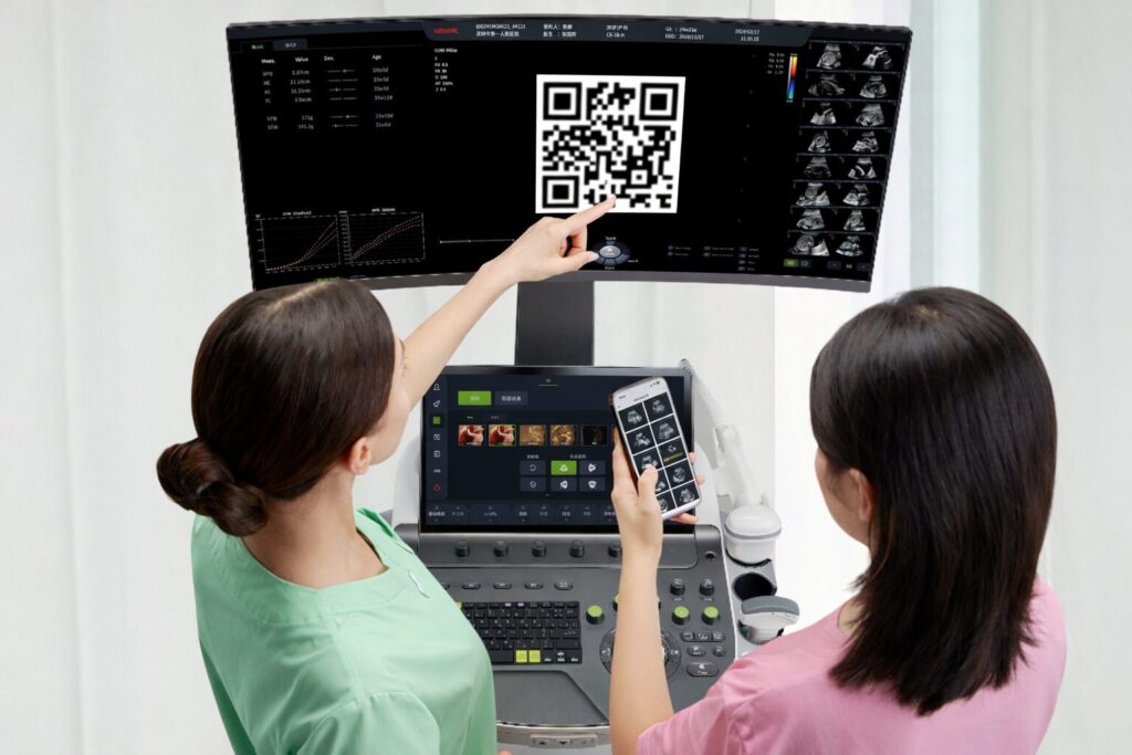 Two female medical professionals using the Wisonic Lotus OBGYN ultrasound system, with one scanning a QR code on the screen and the other holding a smartphone displaying ultrasound images