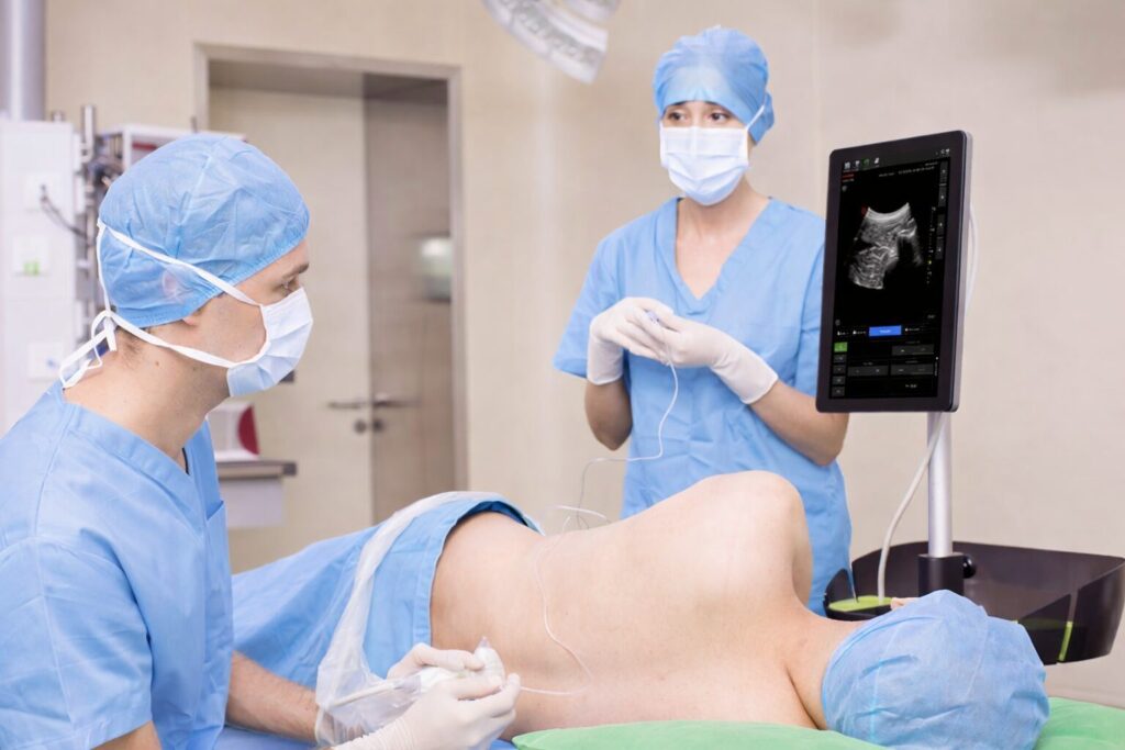 Doctor performing an examination of a patient's kidney area using the Wisonic Piloter Ultrasound System for diagnostic imaging