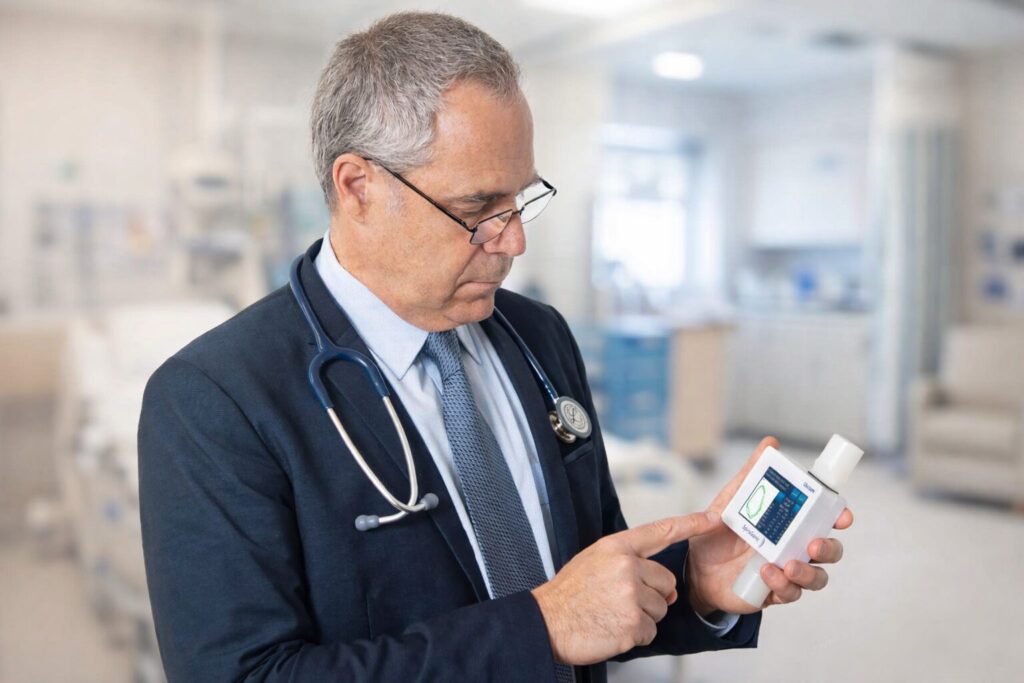 doctor holding Spirosonic Smart Ultrasonic Spirometer and inspecting readings