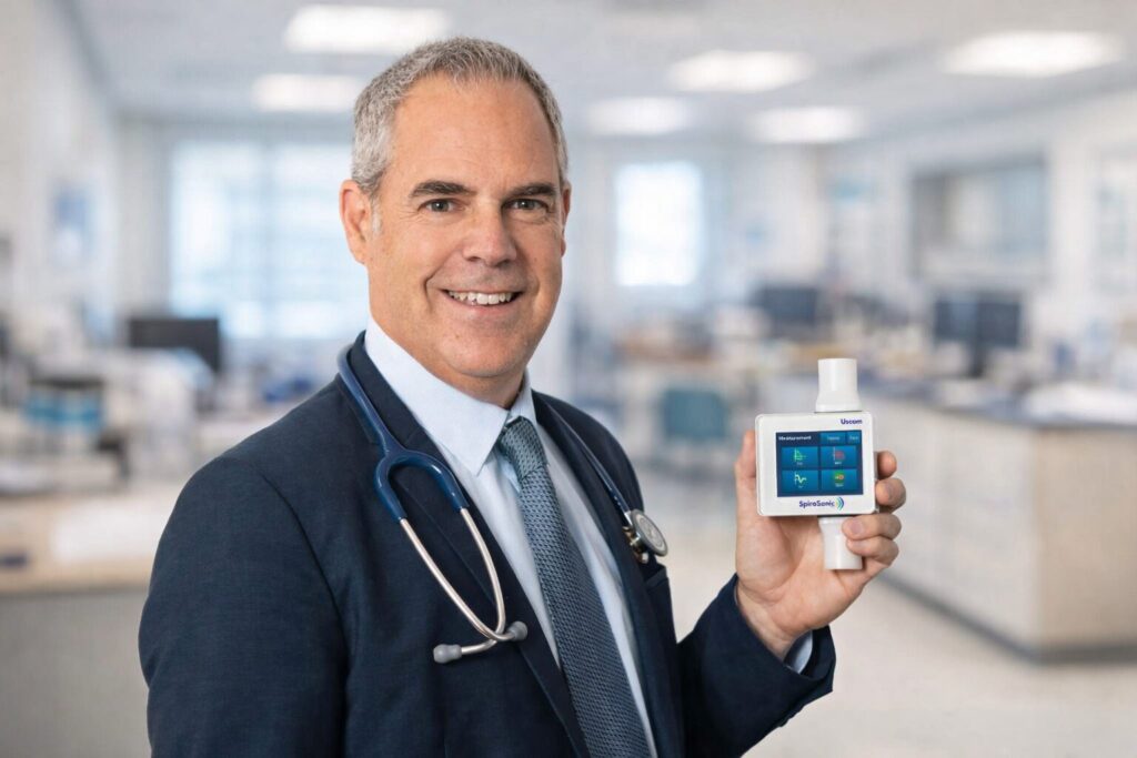 doctor holding Spirosonic Smart Ultrasonic Spirometer