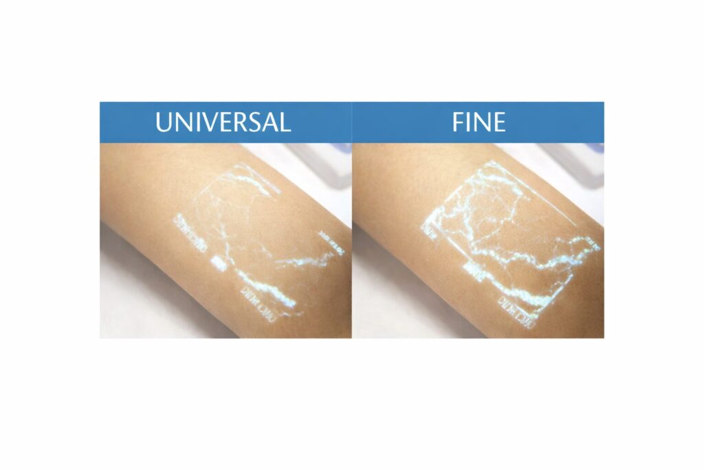 Comparison of vein projection in Universal mode (left) and Fine mode (right) on a forearm using the Amoul Vein Finder VS1400