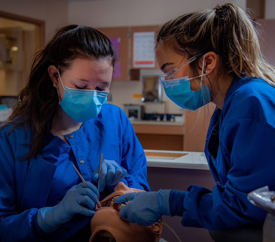 two doctors examining patient's teeth using dental medical equipment